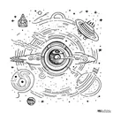 A cosmic scene of a spaceship exploring an unknown galaxy filled with colorful nebulas and distant planets tattoo design idea