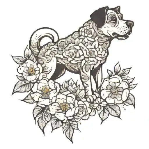 dog, flowers amd mood tattoo design idea
