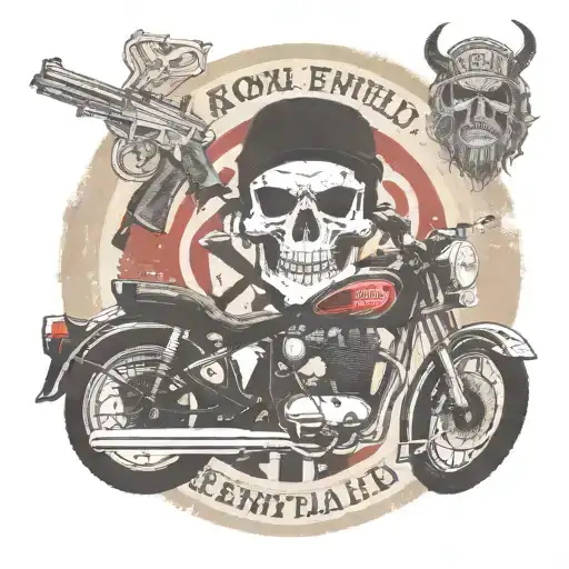 circular emblem in which there is a royal enfield classic 500 motorbike and in the background a skull with a beard and two rifles tattoo design idea