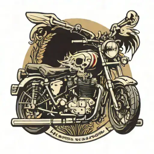 circular emblem in which there is a royal enfield classic 500 motorbike and in the background a skull with a beard and two rifles tattoo design idea