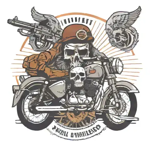 circular emblem in which there is a royal enfield classic 500 motorbike and in the background a skull with a beard and two rifles tattoo design idea