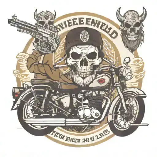 circular emblem in which there is a royal enfield classic 500 motorbike and in the background a skull with a beard and two rifles tattoo design idea