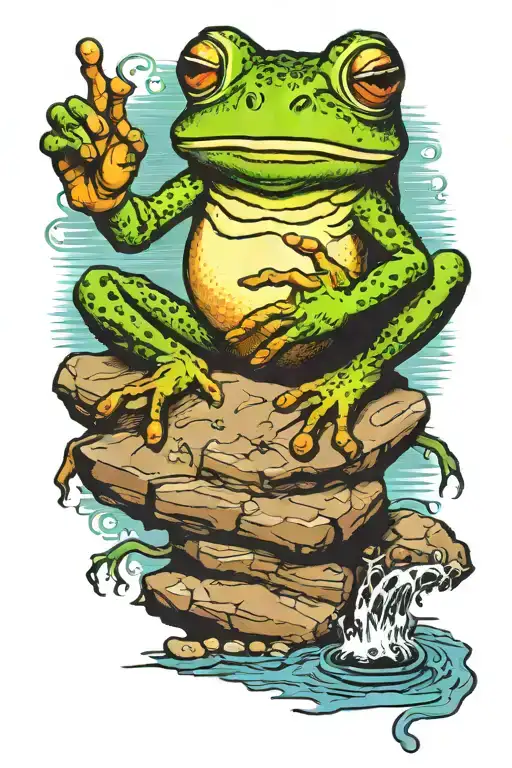 frog stands on a stone and take in hands  a message "у" tattoo design idea