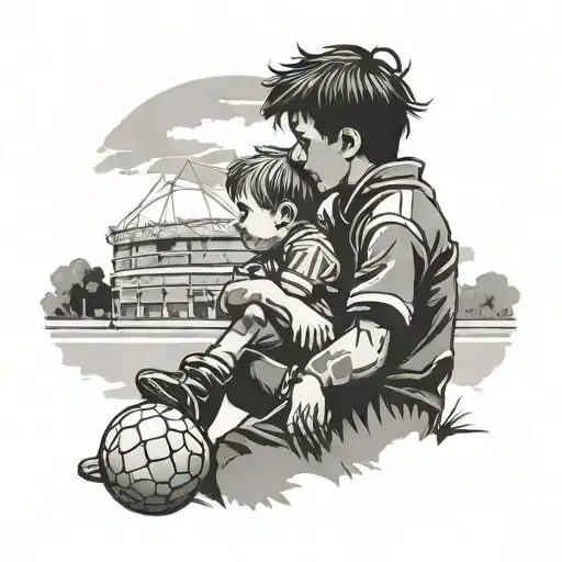 child and son outside wembley stadium silhouette tattoo design idea