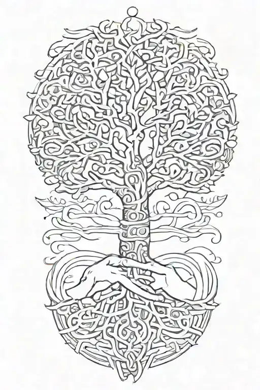 tree of life growing out of hand of adam into hand of god(like the painting hand of god) tattoo design idea