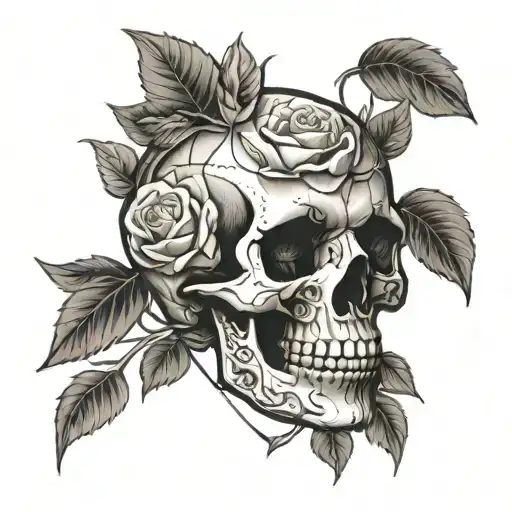 skull and roses entwined tattoo design idea