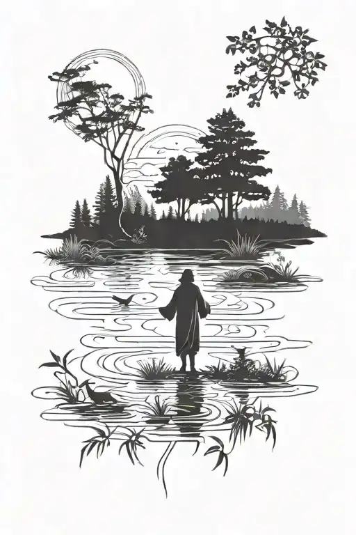 A silhouette of Jesus walking on water surrounded by a peaceful forest scene with animals and flowers, symbolizing faith and nature tattoo design idea