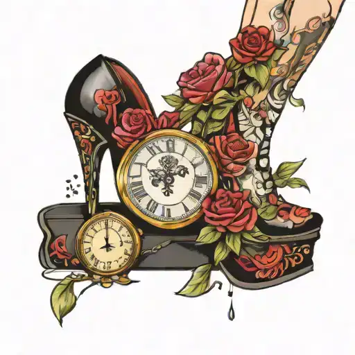 "Bo$$ Lady" with a clock and platform stiletto heels  tattoo design idea