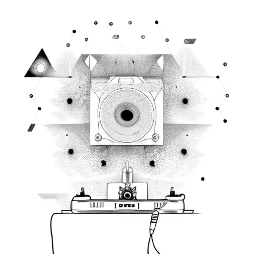 A futuristic DJ turntable with sound waves emanating from it tattoo design idea