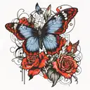 a blue iris, a butterfly and a rose tattoo design idea