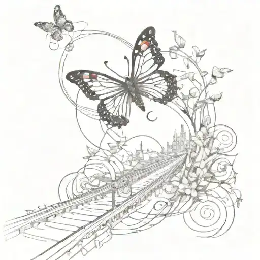 Infinity loop with butterfly, rail line and smoke all integrated in one image tattoo design idea