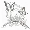 Infinity loop with butterfly, rail line and smoke all integrated in one image tattoo design idea