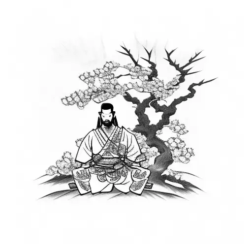 Samurai meditating under a blooming cherry tree tattoo design idea