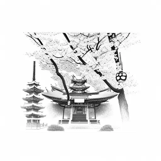 Japanese temple gate with cherry blossom trees lining the path tattoo design idea