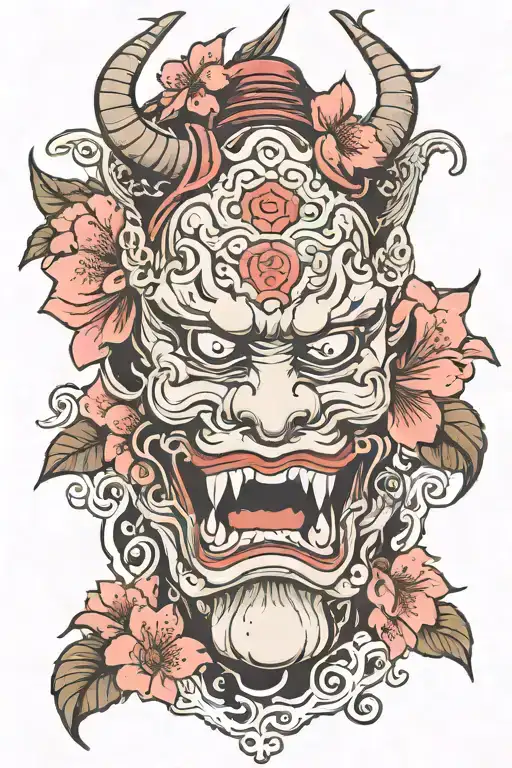 japanese temple cherry blossom and oni mask on top tattoo design idea
