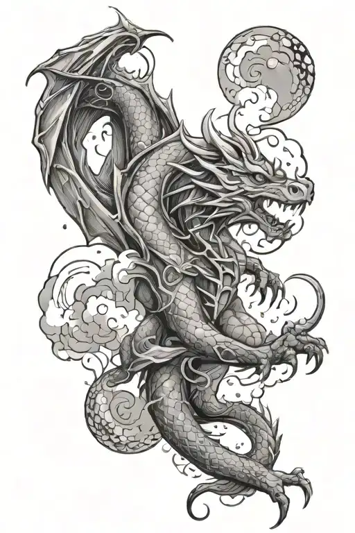 Fantasy dragon with moons stars and clouds surrounding tattoo design idea