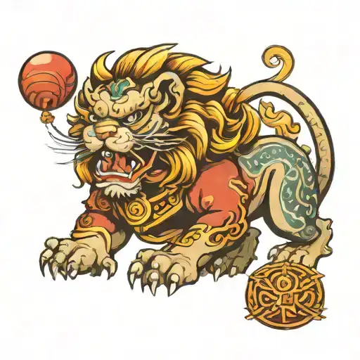 Tattoo Chinese guardian lion holding a ball tattoo design idea