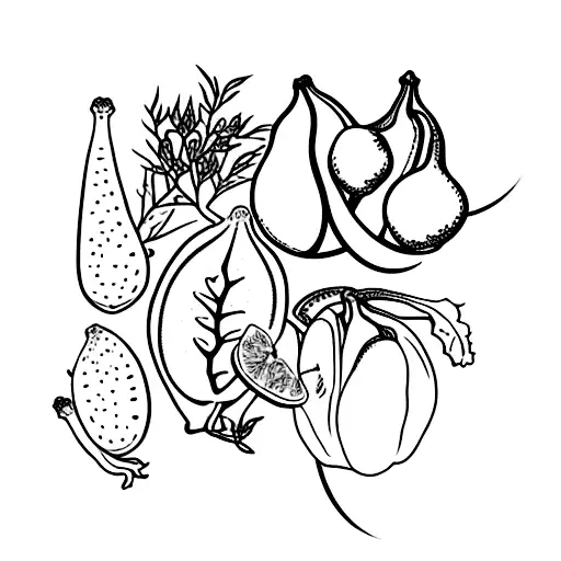 Still life with a lizard, an olive, a branch of fennel and a fig tattoo design idea