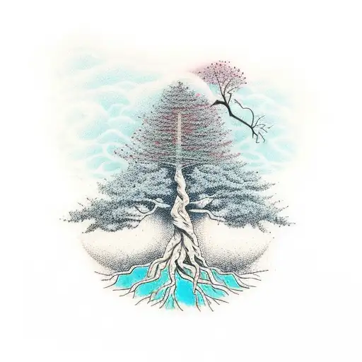 A tree growing upside down, with its roots in the sky, representing the inversion of reality and the exploration of new perspectives tattoo design idea