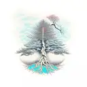 A tree growing upside down, with its roots in the sky, representing the inversion of reality and the exploration of new perspectives tattoo design idea