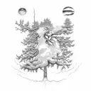 A tree growing upside down, with its roots in the sky, representing the inversion of reality and the exploration of new perspectives tattoo design idea