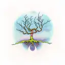 A tree growing upside down, with its roots in the sky, representing the inversion of reality and the exploration of new perspectives tattoo design idea