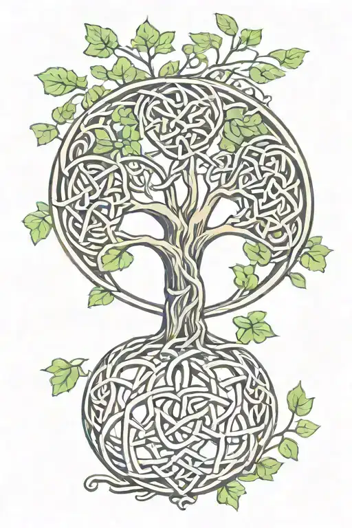 celtic trinity knot symbol integrated in the tree of life trunk with clover leaves tattoo design idea