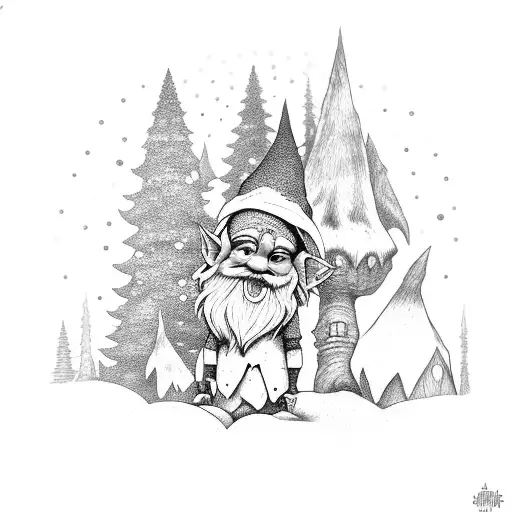 some crazy gnomes or elfs hiding away, magical forest style tattoo design idea