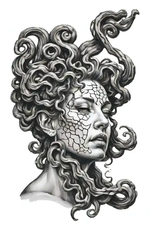 black and white drawing of Medusa face side profile sobbing  tattoo design idea
