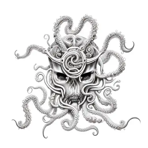 eldritch head with tentacles forming into a metal chain tattoo design idea