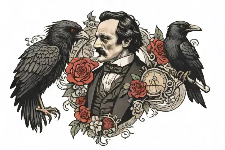 a dark, edgar allen poe inspired tattoo including elements of medicine, pharmacuticals, rich lifestyle tattoo design idea