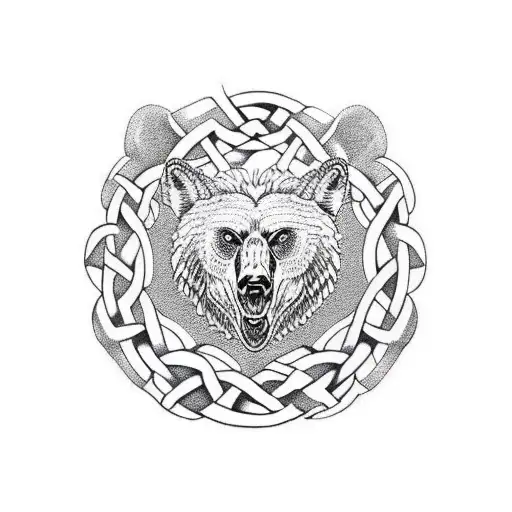 half sleeve shoulder celtic knot work over leather armor with swedish elements, include a bear, wolf, and dragon tattoo design idea