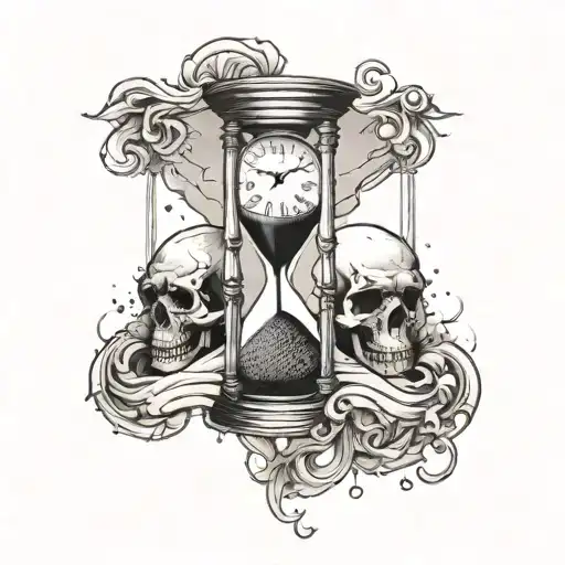 Hourglass with clock inside top half fading to sand falling on skulls inside bottom half tattoo design idea