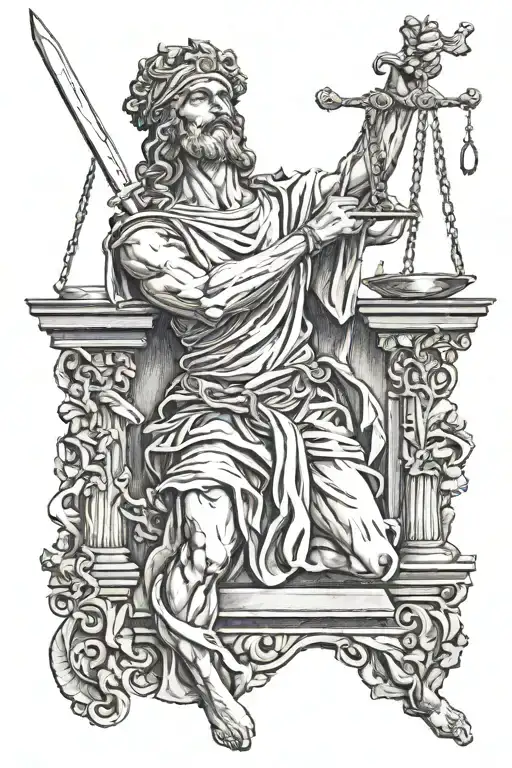 Justitia holding a sword and a scale while being blindfolded tattoo design idea