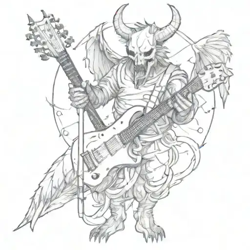 A sketch of a devil holding an electric guitar while standing on a pile of alchemical elements, with a crow perched on their shoulder tattoo design idea