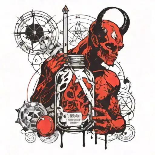 A devil holding a vial of alchemical elements with death symbols surrounding it tattoo design idea