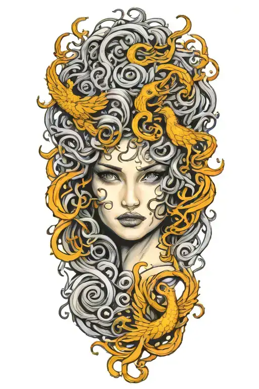 Medusa with phoenix rising from the ashes tattoo design idea