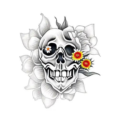 skull with roses and tulips coming out of the eyes ,with daisies , sunflowers, belladonnas,smaller roses and lillies  tattoo design idea