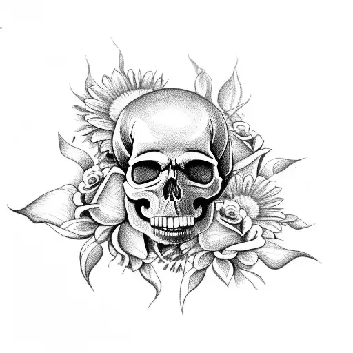 skull with roses and tulips coming out of the eyes ,with daisies , sunflowers, belladonnas,smaller roses and lillies  tattoo design idea