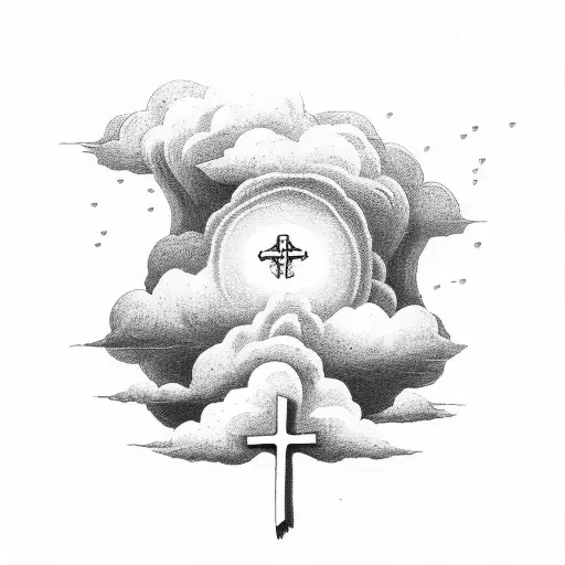 A detailed illustration of a thunderstorm with a cross emerging from the dark clouds tattoo design idea