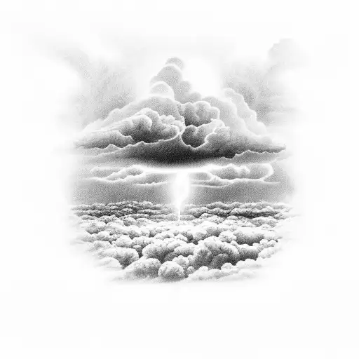 A detailed illustration of a thunderstorm with a cross emerging from the dark clouds tattoo design idea