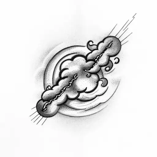 A detailed illustration of a thunderstorm with a cross emerging from the dark clouds tattoo design idea