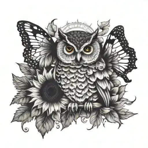 owl and butterfly with sunflower in the middle tattoo design idea