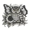 owl and butterfly with sunflower in the middle tattoo design idea