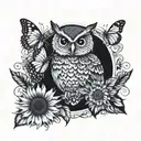 owl and butterfly with sunflower in the middle tattoo design idea