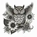 owl and butterfly with sunflower in the middle tattoo design idea