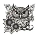 owl and butterfly with sunflower in the middle tattoo design idea