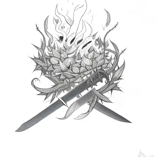 sword on fire surrounded by thorns and flowers tattoo design idea