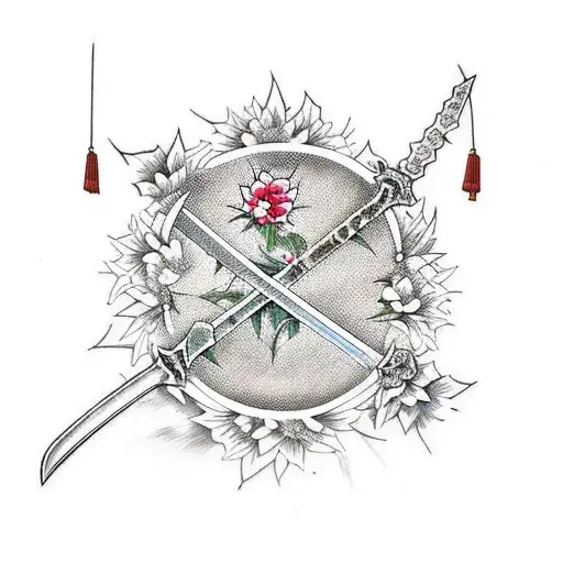 sword with fire surrounded by thorns and flowers tattoo design idea