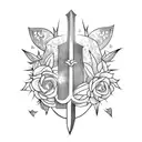 sword with fire surrounded by thorns and flowers tattoo design idea